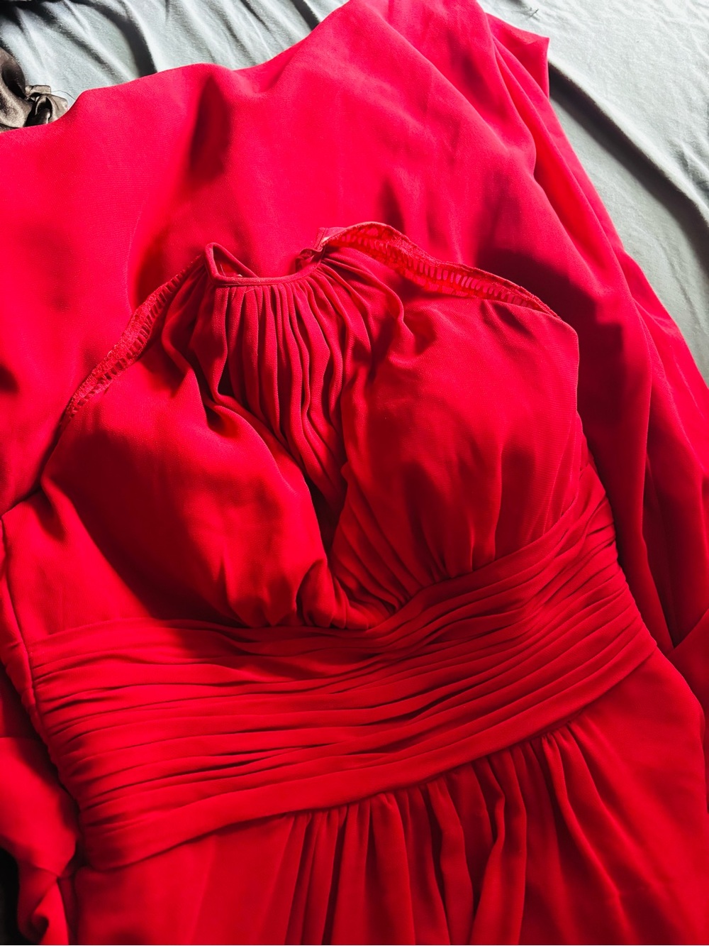 Azazie Strapless Red Pleated Waist Evening Gown